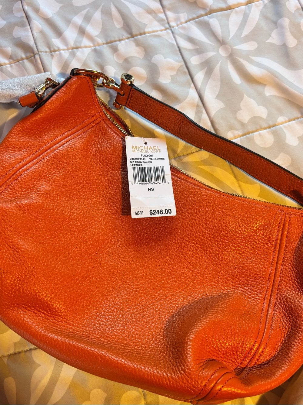 Michael Kors Orange Leather Shoulder Bag with Gold MK Charm - Picture 4 of 5